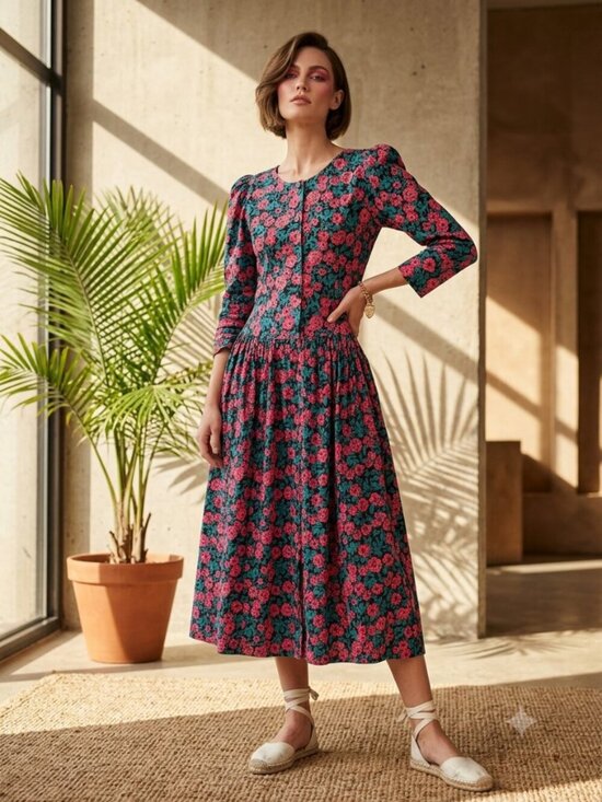 Komil Honolulu Dresses & Skirts - Komil Honolulu Vintage Cottagcore Floral Drop Waist Midi Dress Button Front Sm
